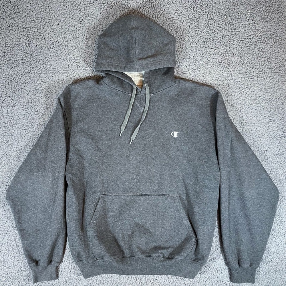 Champion Mens Hoodie Charcoal Gray Fleece Pullover Embroidered Logo Size Large